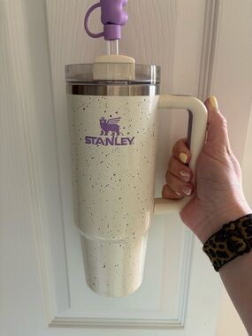 Stanley Speckled Cream Travel Tumbler with Purple Logo
